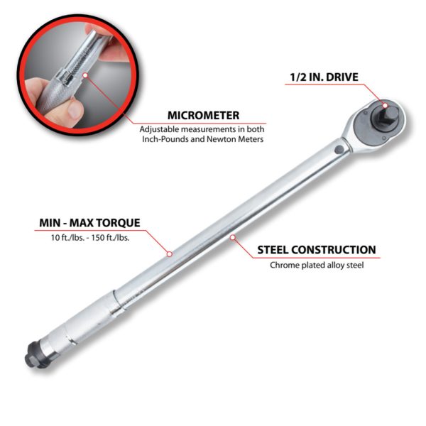 Performance Tool 1/2 In. Drive Click Torque Wrench 150 ft/lb.
